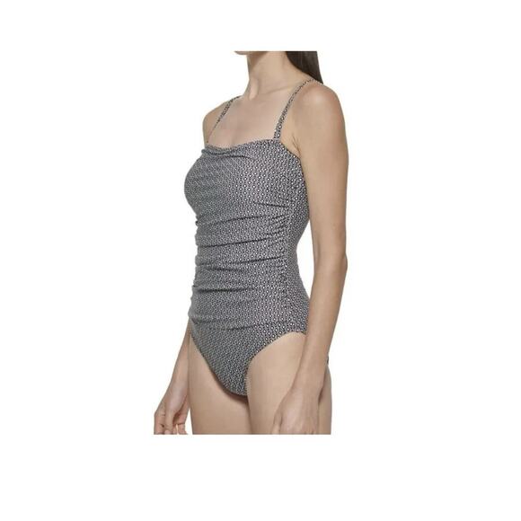 DKNY Women’s Swimsuit Bandeau Maillot Small 4 Way Stretch Front Shirring Black - Picture 1 of 5
